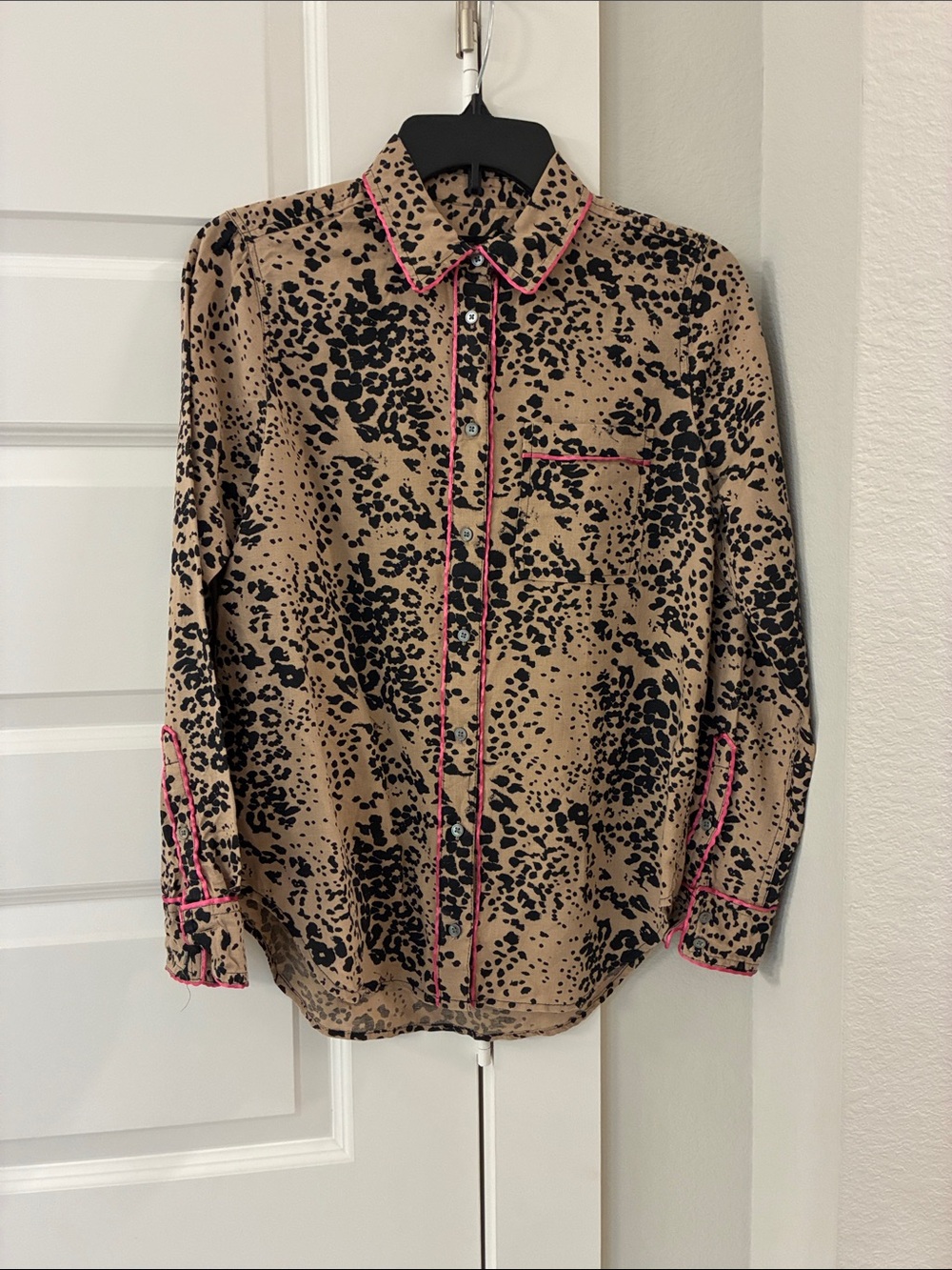 J Crew Leopard Print Button-Up Shirt with Pink Trim